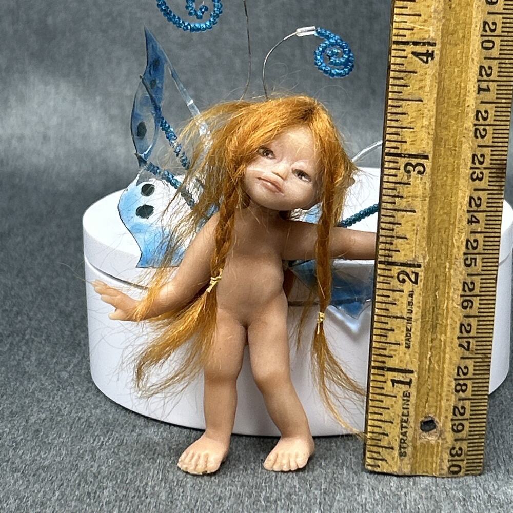 Redhead Pixie Fairy Doll 3.5" Hard Plastic Wired Blue Wings Pointed Ears READ - Picture 2 of 8